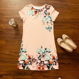 ✅ Light Pink & Floral Summer T-shirt Dress- Size S